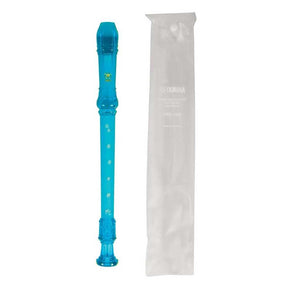 Yamaha YRS 24B Soprano Recorder in blue color with a straight windway design, accompanied by a carrying bag with the Yamaha logo.