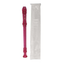 Yamaha YRS 24B Soprano Recorder in pink color with a straight windway design, accompanied by a carrying bag with the Yamaha logo.